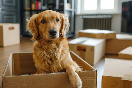 Photo of pedigree cute dog poses on pile of cardboard boxes with owner belongings, relocate in new flat, empty room with white walls, lamp and sofa, big window. Animals and Moving Day conceptの素材