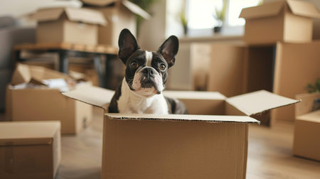 Photo of pedigree cute dog poses on pile of cardboard boxes with owner belongings, relocate in new flat, empty room with white walls, lamp and sofa, big window. Animals and Moving Day conceptの素材