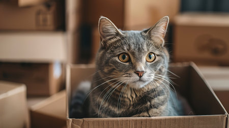 domestic cat sitting in a box and looking at the camera. the concept of moving to a new home.の素材