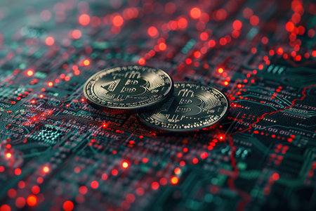 Bitcoin gold coin and defocused chart background. The concept of a bull market and a rise in the price of cryptocurrencies.の素材