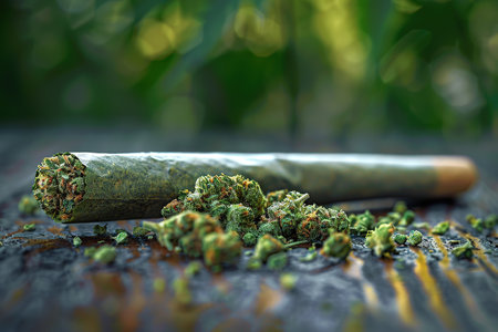 Close-up marijuana joint with trichomes and crushed weed in a grinder for chopping a cannabis on a dark table.の素材