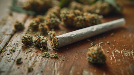 Close-up marijuana joint with trichomes and crushed weed in a grinder for chopping a cannabis on a dark table.の素材