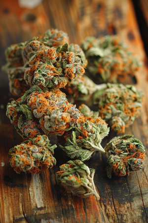 cannabis trichomes macro photo of plant marijuana bud health, cultivation of hybrid varieties of Indica and Sativa medical universitiesの素材
