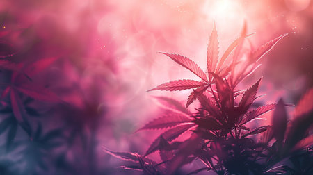 Beautiful cannabis background. Purple Medicinal Marijuana. New aesthetic fashion trendy look of agricultural strain of hemp. Long vibrant banner in purple pink ultraviolet color.の素材