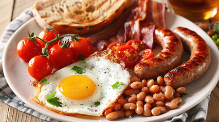 Full English breakfast on a plate with fried eggs, sausages, bacon, beans, toasts and coffee on dark stone background. With copy space. Top view.の素材