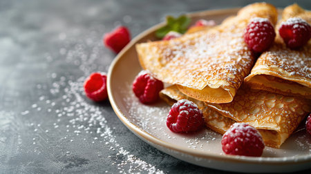 Crepes with jam, berries and sugar powder. Homemade pancakes, delicious breakfast on a light concrete background.の素材