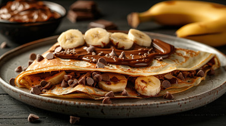 Crepes stuffed with chocolate spread and banana on white plate. Thin pancakes, blini. Sweet dessert.の素材
