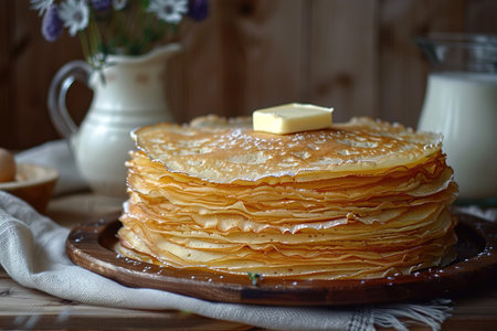 Big stack of homemade crepes or thin crepes with butter in rustic style.の素材