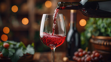 red wine pouring from bottle into glass with old wooden barrel as background at the winery.の素材
