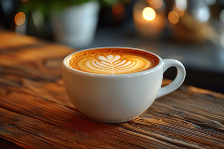 Hot Coffee cup and coffee beans coating on the wooden table and the coffee shop background with copy spaceの素材