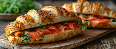 Croissants with salted salmon, cucumber and arugula served on dark background. Close up.の素材