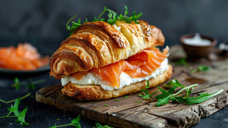 Croissants with salted salmon, cucumber and arugula served on dark background. Close up.の素材