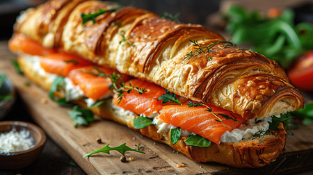 Croissants with salted salmon, cucumber and arugula served on dark background. Close up.の素材