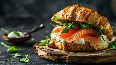 Croissants with salted salmon, cucumber and arugula served on dark background. Close up.の素材