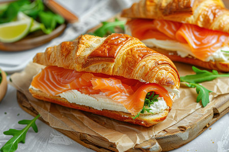 Croissants with salted salmon, cucumber and arugula served on light background. Close up.の素材