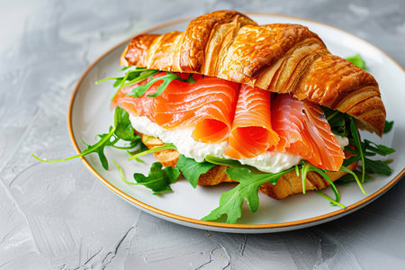 Croissants with salted salmon, cucumber and arugula served on light background. Close up.の素材