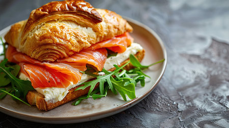 Croissants with salted salmon, cucumber and arugula served on dark background. Close up.の素材