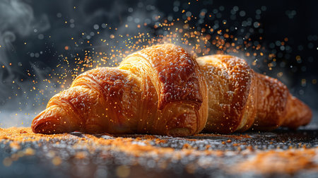 Freshly baked croissant flying in air. Close up of crumbled French croissant.の素材