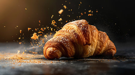 Freshly baked croissant flying in air. Close up of crumbled French croissant.の素材