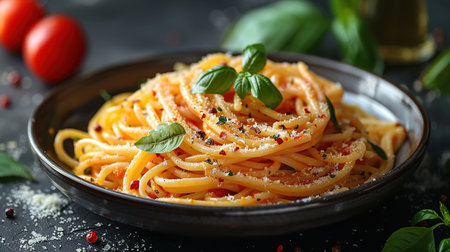 Tasty appetizing classic Italian spaghetti pasta with tomato sauce, cheese parmesan and basil on plate on dark table. View from above, horizontalの素材