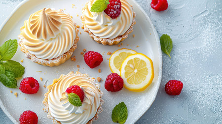 Delicious lemon and raspberry tartlets with meringue on a white vintage plate. Sweet treat on a light blue background. Flat lay and copy space. Top viewの素材
