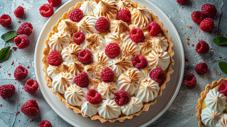 Delicious lemon and raspberry tartlets with meringue on a white vintage plate. Sweet treat on a light blue background. Flat lay and copy space. Top viewの素材