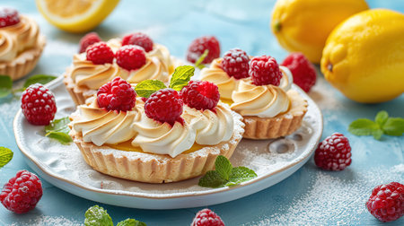 Delicious lemon and raspberry tartlets with meringue on a white vintage plate. Sweet treat on a light blue background. Flat lay and copy space. Top viewの素材