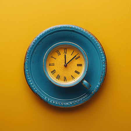 Hot coffee in a yellow retro alarm clock on yellow background. Waking up with alarm and coffee concept.の素材