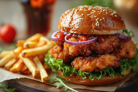 Classic cheeseburger sprinkled with sesame seeds. Fresh and tasty crispy chicken burger with melted cheese, red cabbage, lettuce and sauce on the wooden platter.の素材