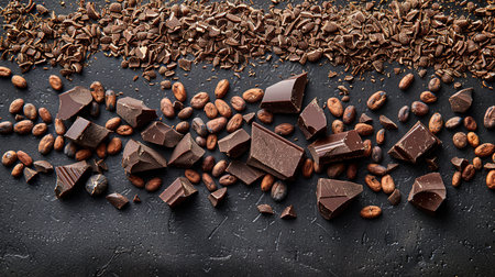 Chocolate bar chunks and pieces on chocolate background.の素材