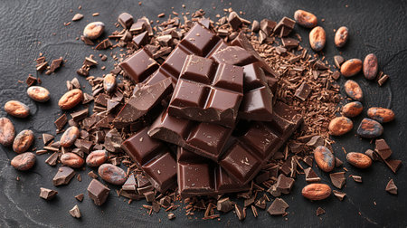 Composition of bars and pieces of different milk and dark chocolate, gratified cocoa on a dark background top view close upの素材