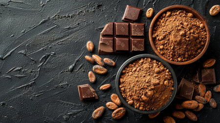 Composition of bars and pieces of different milk and dark chocolate, gratified cocoa on a dark background top view close up, with copy space.の素材