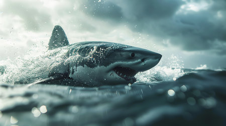 A plus four meter great white shark jumping out of the water with an open mouth full of teeth.の素材