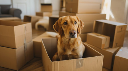 Photo of pedigree cute dog poses on pile of cardboard boxes with owner belongings, relocate in new flat, empty room with white walls, lamp and sofa, big window. Animals and Moving Day conceptの素材