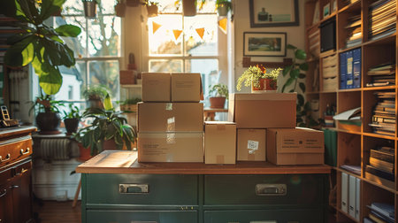 Carton boxes with stuff in room. Office move concept.の素材