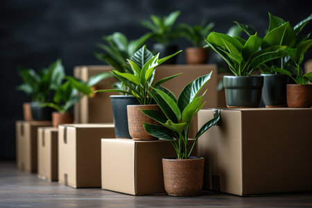 Moving to own home, rent apartment, buy new property and blog about real estate, copy space. House ad and sale. Cardboard boxes with stuff, plants in pots in empty room on gray wall background in flatの素材