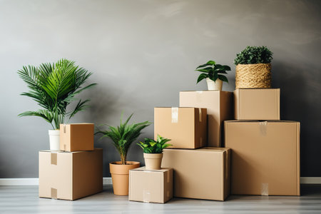 Moving to own home, rent apartment, buy new property and blog about real estate, copy space. House ad and sale. Cardboard boxes with stuff, plants in pots in empty room on gray wall background in flatの素材