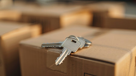 panoramic shot of keys lying on cardboard box, moving concept.の素材