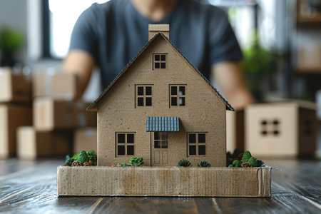 Miniature wooden toy house against the background of a man with boxes. Mortgage property insurance dream home concept. Buying new house for familyの素材