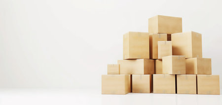 Cardboard boxes with stuff indoors, space for text. Moving day. a bunch of cardboard boxes on a white background.の素材