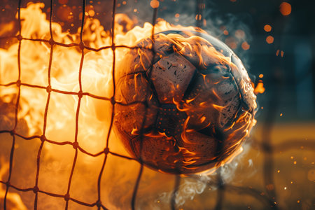 Fiery Soccer Ball In Goal With Net In Flames.の素材
