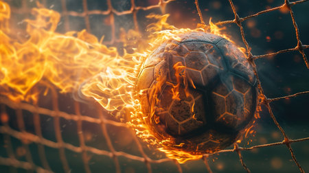 Fiery Soccer Ball In Goal With Net In Flames.の素材