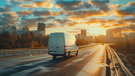 White modern delivery small shipment cargo courier van moving fast on motorway road to city urban suburb.の素材