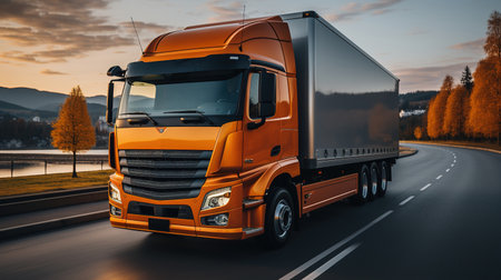 Overtaking trucks on an asphalt road in a rural landscape at sunsetの素材