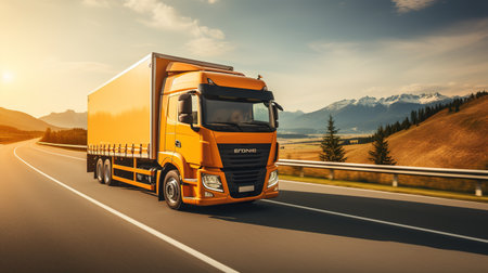 Overtaking trucks on an asphalt road in a rural landscape at sunsetの素材
