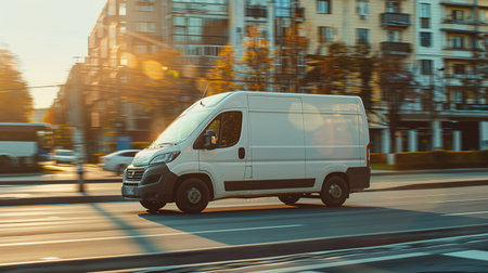 White modern delivery small shipment cargo courier van moving fast on motorway road to cityの素材