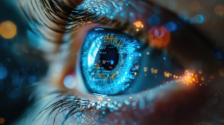 A close-up of a woman's eye in the process of scanning for identification. The concept of the future and high technologies.の素材