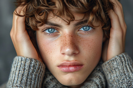 Man suffering from headache, massaging temples to get rid of pain, standing over gray studio background. Young guy having hypertension, feeling stressed or exhaustedの素材