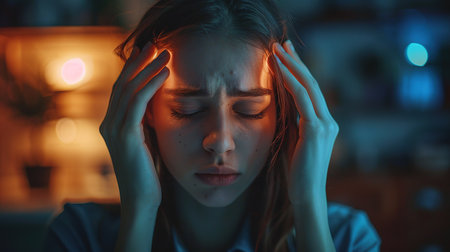 Young woman is suffering from a headache against a dark background. Studio shot.の素材