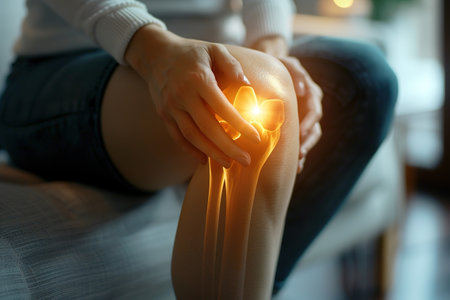 Health care concept. Woman suffering from pain in knee, closeup.の素材